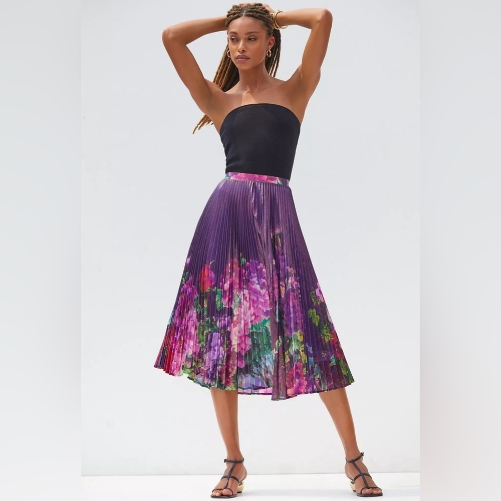 Anthropologie Delfi Collective Floral Midi Pleated Purple Skirt Size Small